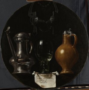 Ainda vida emblemática com jarro, vidro, jarro e freio, 1614